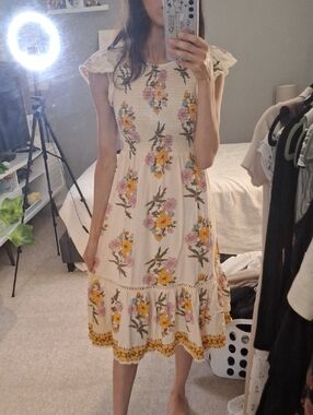 Patrons of Peace Cream Floral Midi Dress with Yellow & Pink Blooms
